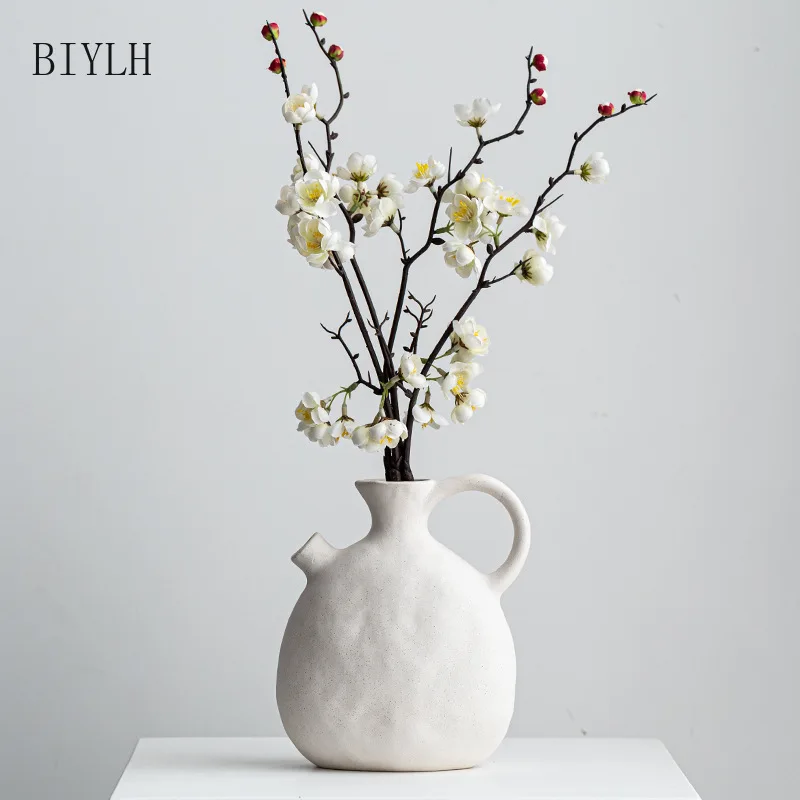 BIYLH White Series Small Mouth Ceramic vase Nordic Style White Oblique Gardening Flower Arrangement Home Decoration Ornaments