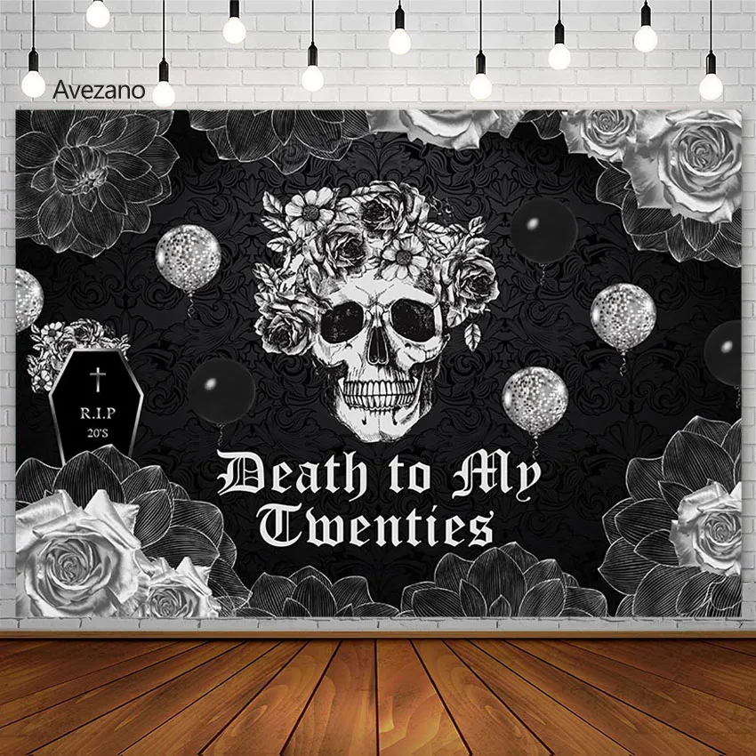 Death To My Twenties 20th Birthday Backdrop Skeleton Skull Flowers Funeral for Youth Backgrounds for Photography Photo Studio