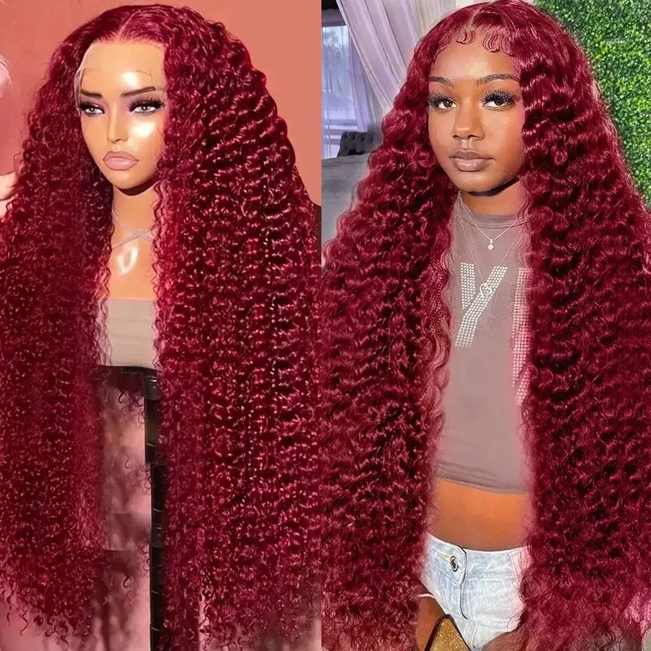 Perruque Deep Wave Lace Frmeds Naturelle pour Femme, Cheveux Bouclés, Bordeaux, HD, Densité 250, 30 Pouces, 13x4, 99J