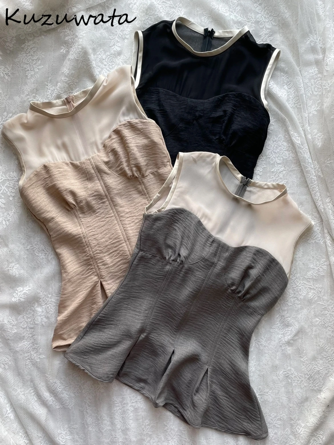 

Kuzuwata Sweet Mesh Ruffles Patchwork Vest Pure Desire Slim Waist Minority Casual Tees Japanese Panelled All-match Gentle Camis