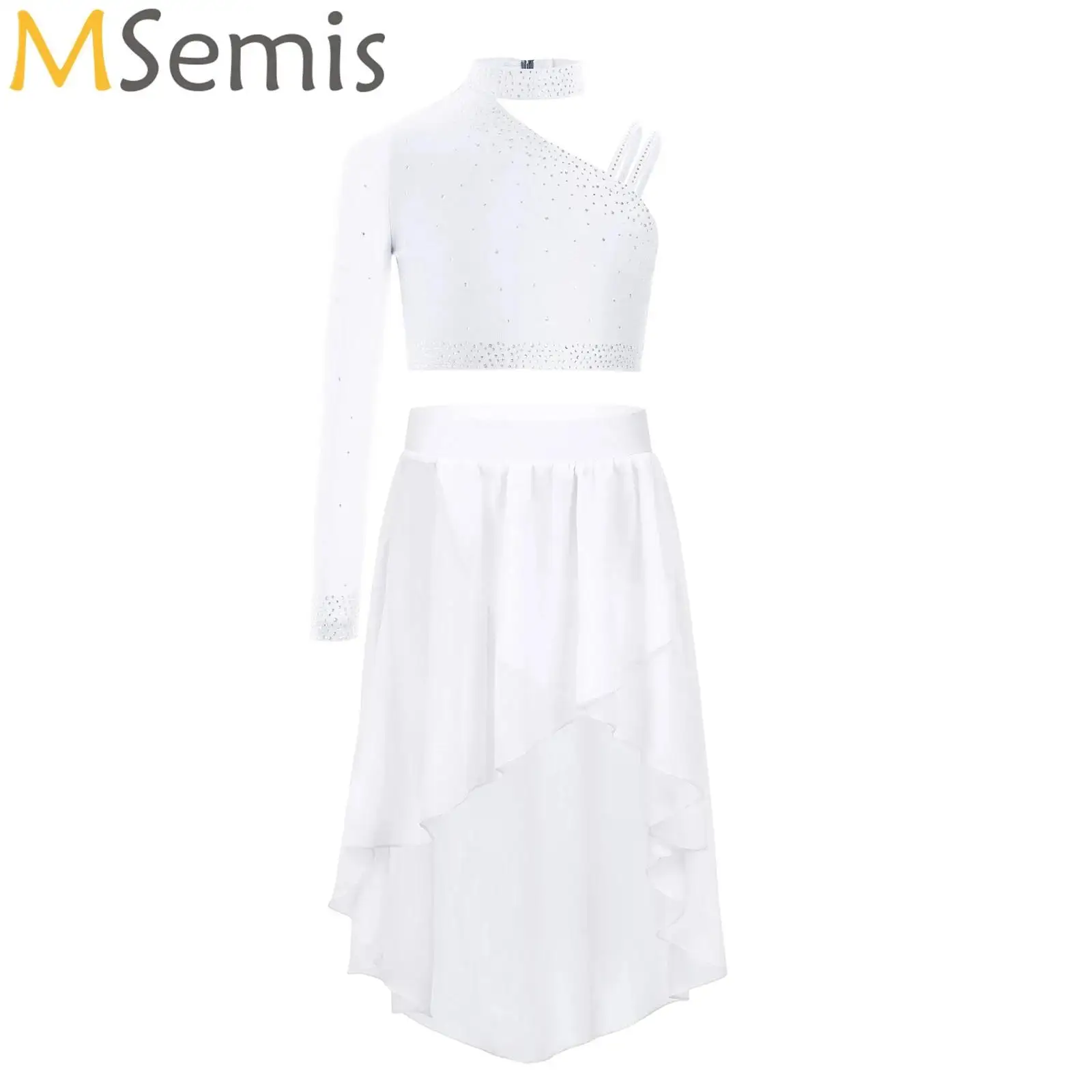 

Kids Girls Ballet Lyrical Dance Dress Skating Gymnastics Ballerina Dance Costume Irregular Shoulder Crop Top+Chiffon Skirts Set