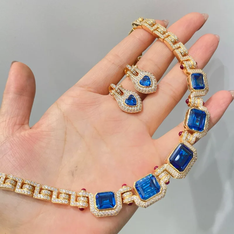 Bellux European Vintage Synthetic Sa  Treasure Luxury Set 925 Silver Gold Plated Inlaid Full Diamond Necklace Earrings