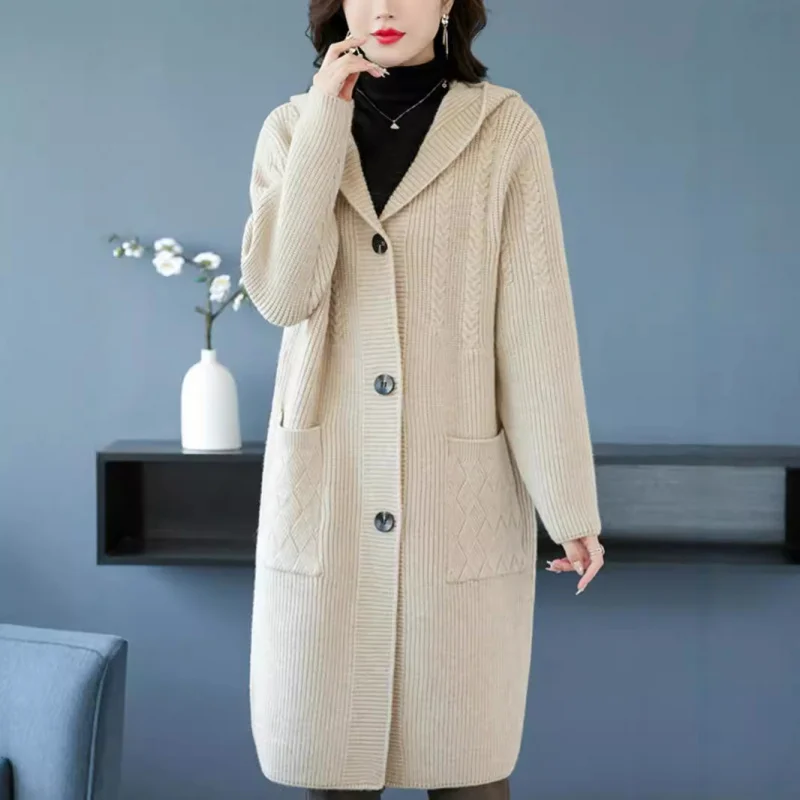 

New Korean Dongdaemun Loose Lazy Style Mid-Length Hooded Sweater Women Autumn Winter Warm Knitted Coat