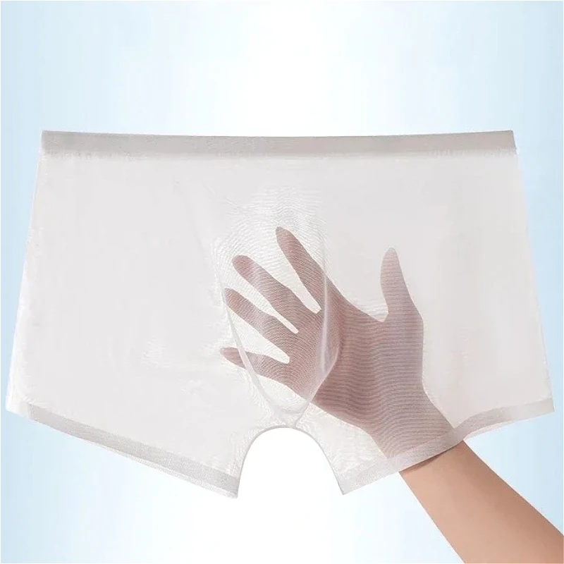 Sexy Ice Silk Men\'s Mesh Transparent Convex Pouch Underwear Summer Slim Male Seamless Boxers Bottoms Lightweight Underclothes