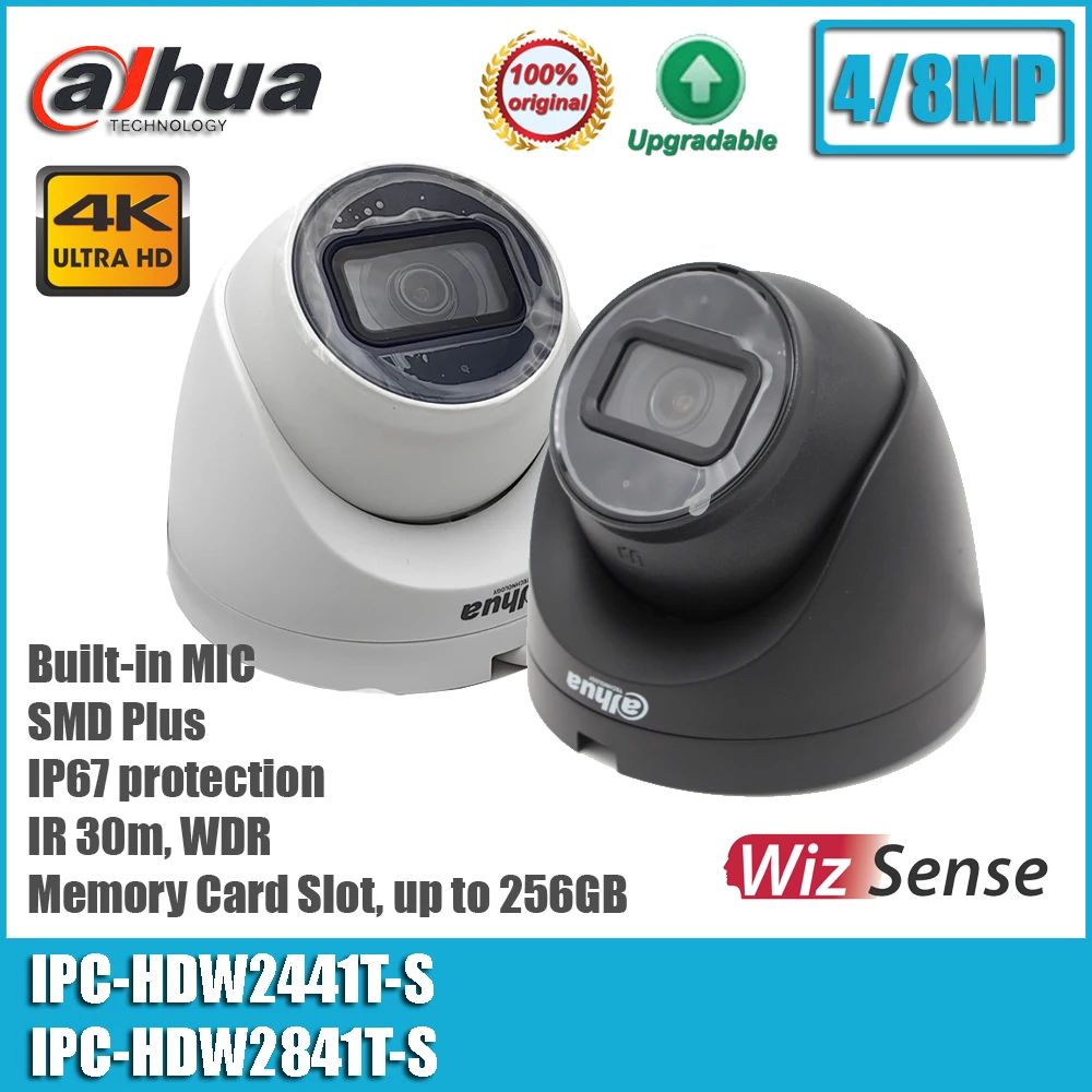 Dahua IPC-HDW2441T-S and IPC-HDW2841T-S 4/8MP POE IP67 Built-in Mic SMD Plus IR Eyeball WizSense Network Camera