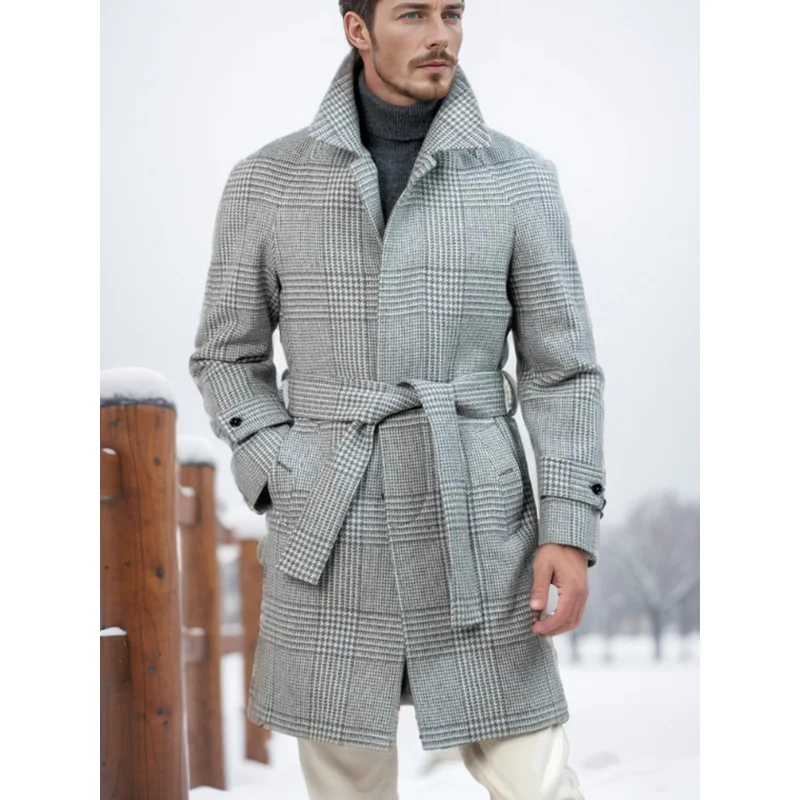 

Fall Winter Men's Raglan Sleeve Checked Woolen Coat Fashion Polo Collar Mid-Length Woolen Belt Commute Leisure Overcoat