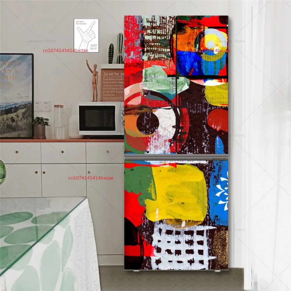 PVC Graffiti Printed Self-adhesive Stickers Refrigerator Waterproof Wallpaper Kitchen Decoration Refrigerator Decal Wallpaper