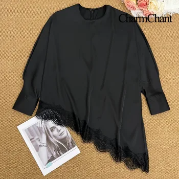 CharmChant Satin Black Asymmetrical Lace Long-Sleeve Shirt for Women Y2k Harajuku Fashion…