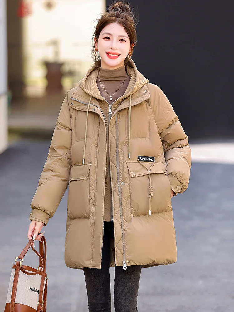 White Duck Down Hooded Jacket, Splicing False Two-piece Set, Medium-length Loose Leisure Coat, Thick Coat, 90 White, New, Winter