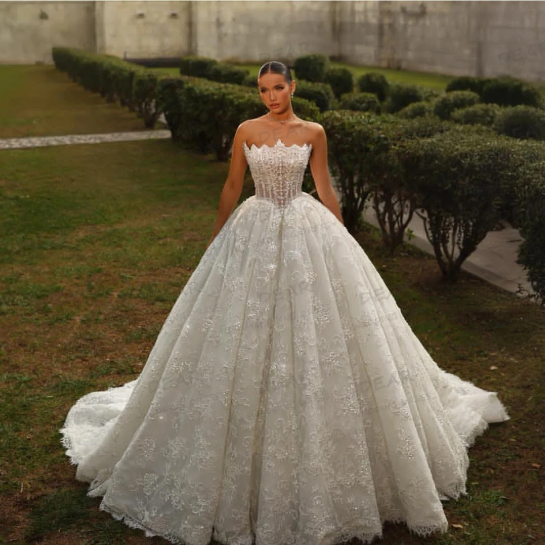 Simple Lace Strapless Wedding Dresses A Line Backless Sexy Fluffy Women's Bridal Gowns Tulle Formal Vestido De Novia Customized