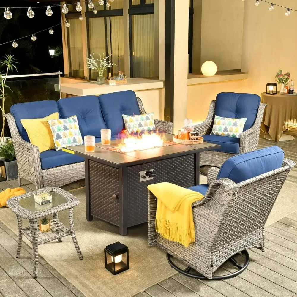 

Outdoor 5 Piece Patio Furniture with Fire Pit Table, Wicker Coversation Set with Swivel Rocking Chair,Comfy Sectional Deep Sofa