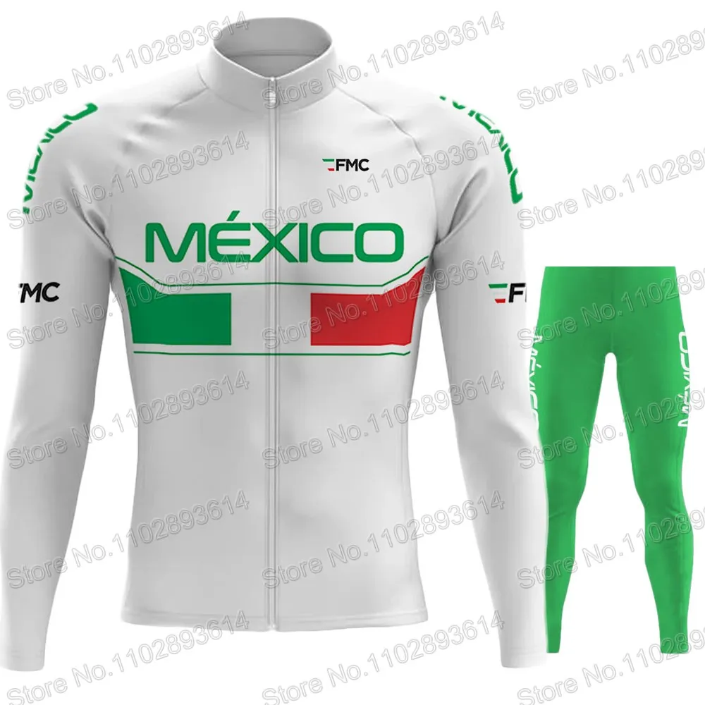 National Team Mexico Cycling Jersey 2023 Set Long Sleeve Green Winter Clothing Road Race Bike Jacket Suit MTB Ropa Maillot