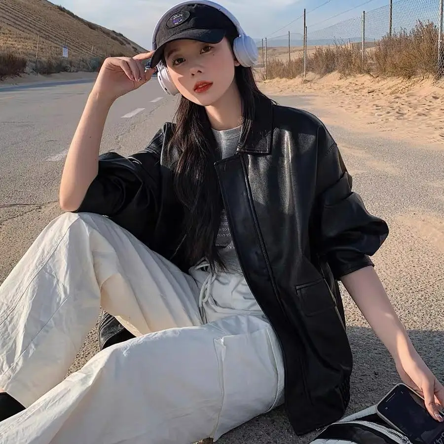 Retro Brown Leather Jacket Women's Hong Kong Style New Spring Autumn High Loose American Retro Motorcycle Jacket Top 3