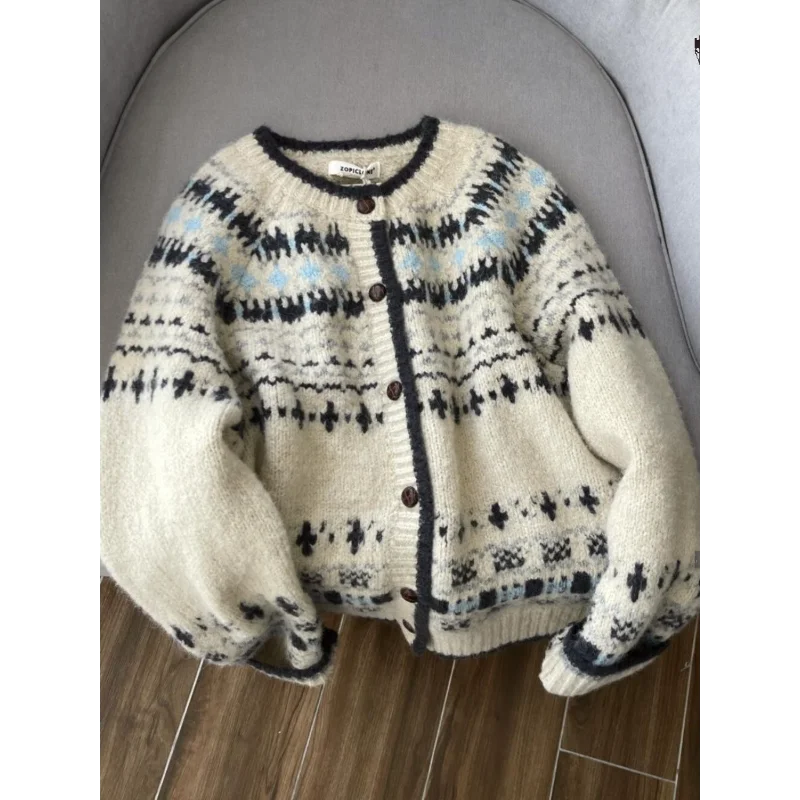 

Жаккардовый вязаный кардиган в стиле ретро с круглым вырезом, женское осенне-зимнее широкое пальто, топ