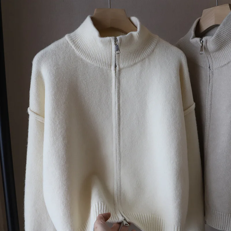 Loose Women's Knitted Cardigan Double Zipper Stand Collar Sweater Coat Casual Versatile Autumn Winter New Sle Korean Version