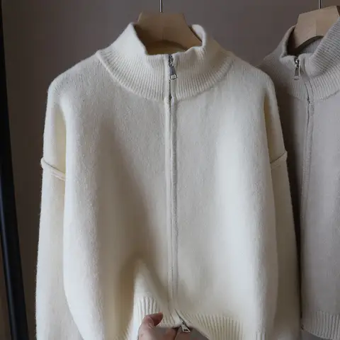 여성용 니트 가디건 더블 지퍼 스탠드 칼라 스웨터 코트 캐주얼 다용도 가을 겨울 신상 한국 스타일