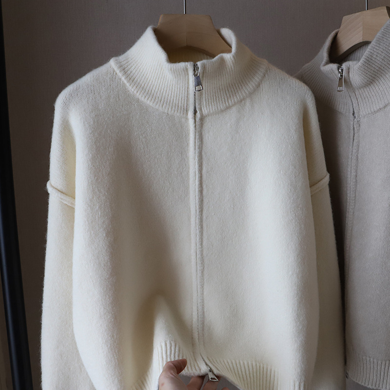  Loose Women's Knitted Cardigan Double Zipper Stand Collar Sweater Coat Casual Versatile Autumn Winter New Sle Korean Version 