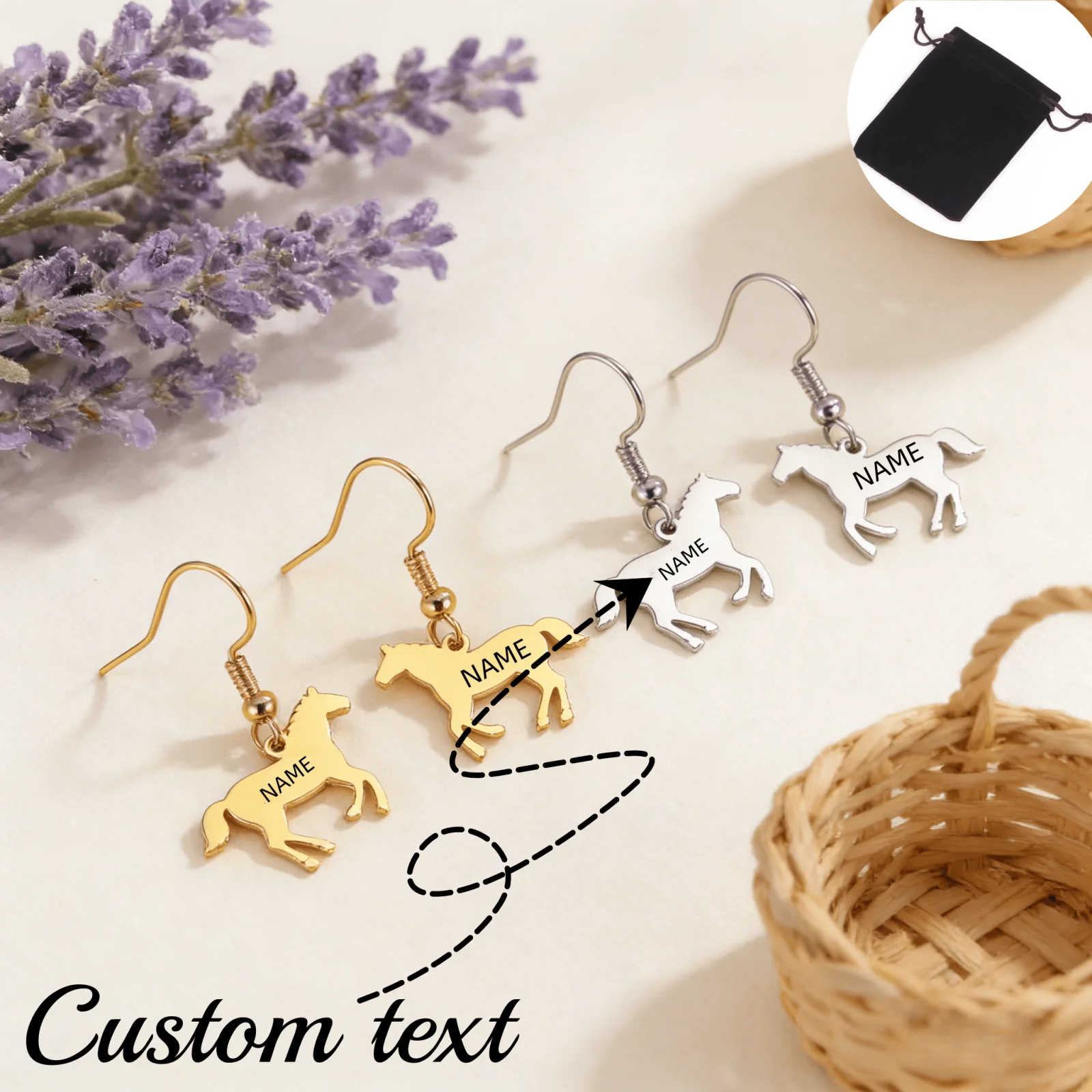 Customized Name Text Slow Running Horse Swinging Earrings Stainless Steel Fashion Charm Animal Women Earrings Gift