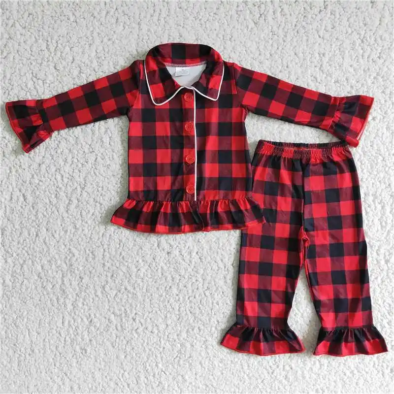 New Christmas Match Baby Boys Girls Red Plaid Button Long Sleeve Long Pants Pajama Set Wholesale Boutique Children Clothing RTS