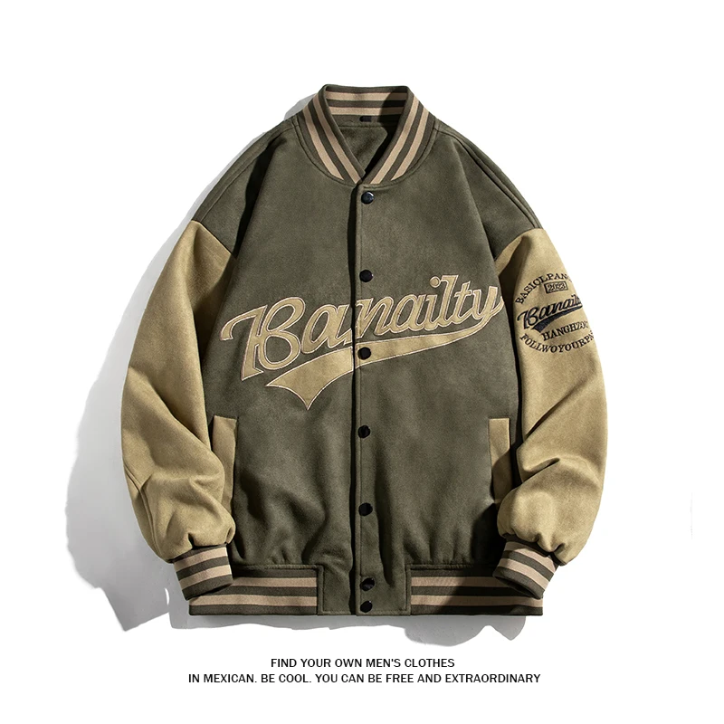 Men's 2023Spring Faux Suede Jacket Street Style Baseball Clothes Coat Embroidered Combination Patch Bomber Jacket Vintage Coat