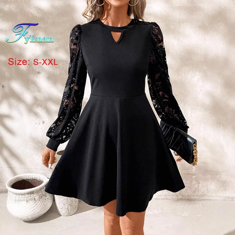 Elegancka sukienka damska na rok 2025, czarna, z okrągłym dekoltem, koronkowymi wstawkami, długim rękawem, dopasowana, wyszczuplająca, sukienka balowa w kształcie litery A, słodka sukienka.