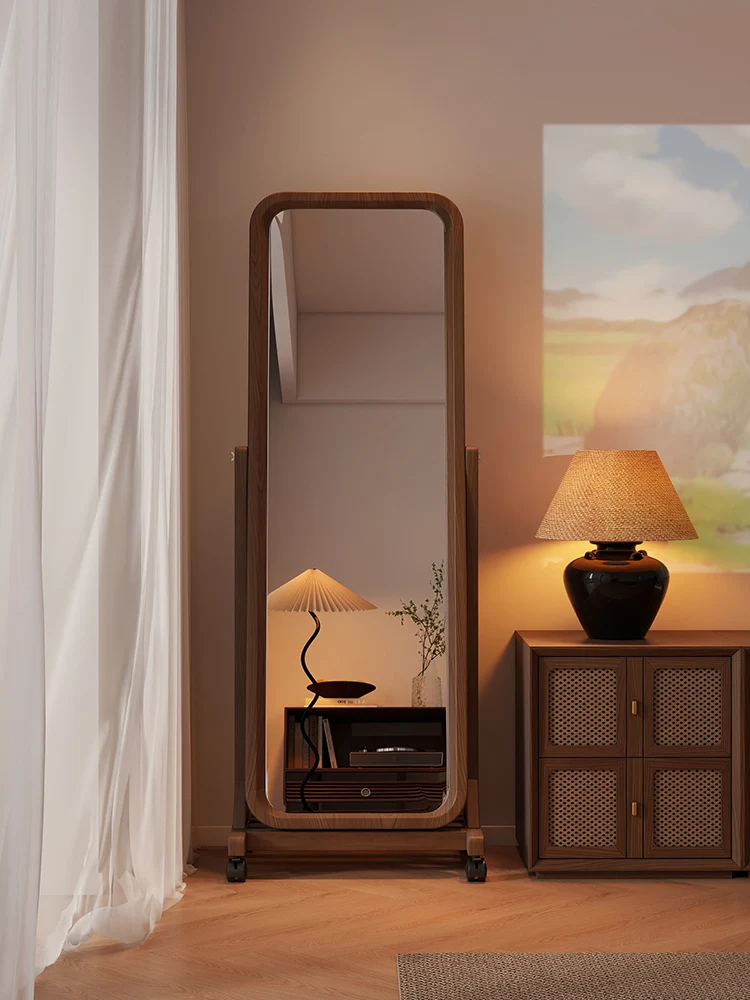 Espejo de cuerpo completo de madera maciza, espejo antiguo de suelo para el hogar, espejo tridimensional móvil de longitud completa, ajuste ajustable para dormitorio