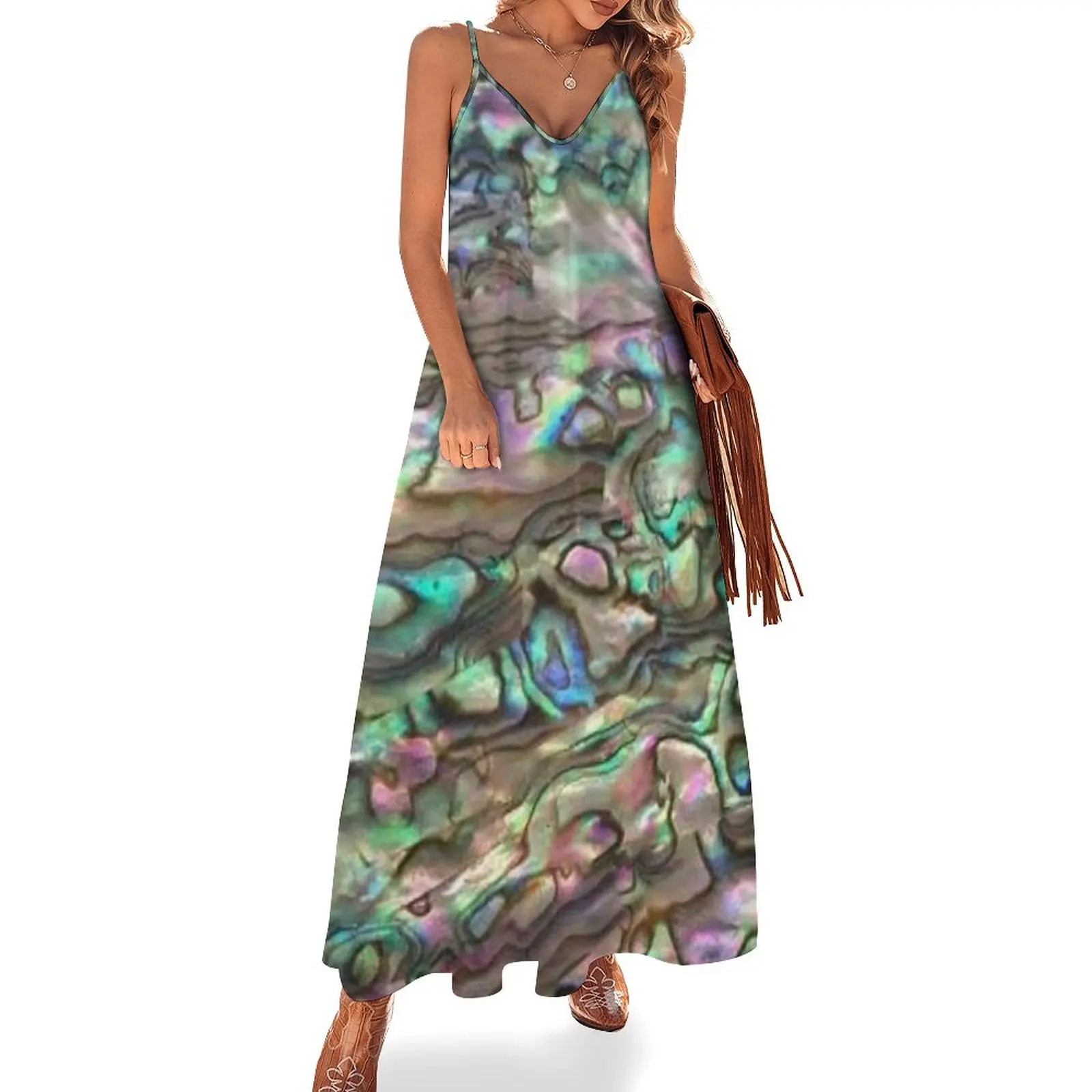 

Natural Abalone Paua Shell Sleeveless Dress Women's summer long dress Party dresses