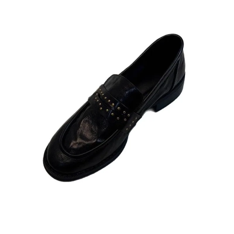 Black Studded Patent Leather Loafers Women's Dark Cool Unique Daily Versatile Low Heel Comfortable Commute Street Wear Loafers