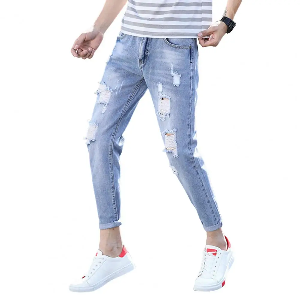 Denim Pants  Fashion Ripped Holes Slim Fit Denim Pants  Anti-wrinkle Casual Jeans