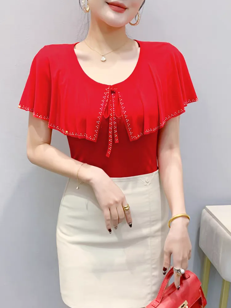 2025 Summer New Mesh Tshirt Fashion Rhinestone Ruffles Collar Slim-Fit Short Sleeve T-shirts Women's Top