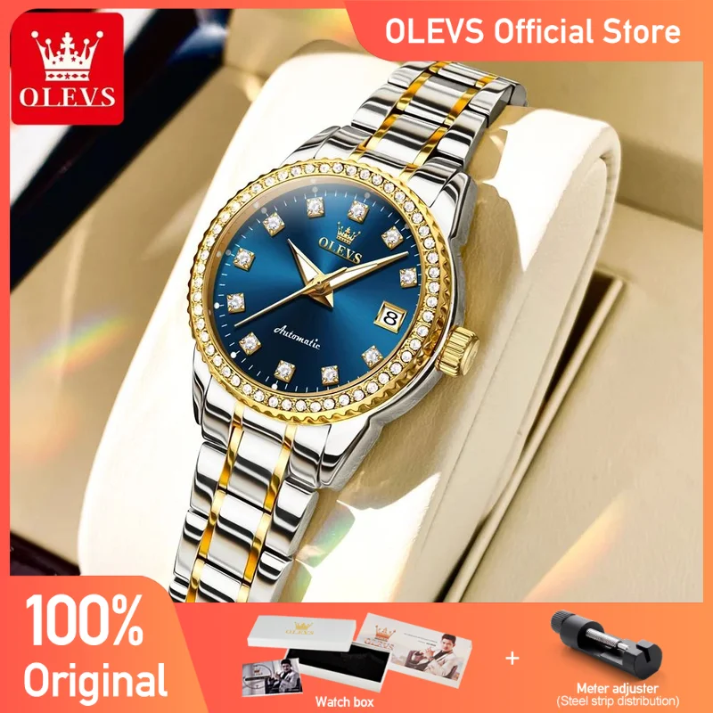 OLEVS Women\'s Watches Fashion Original Automatic Mechanical Watch for Ladies Sparkling Diamond Dial Waterproof Luminous Date