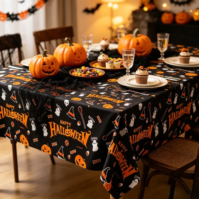 1/3Pcs Multi Style Halloween Foil Table Cover Waterproof Dual Size 54×72/54×108Inch Rectangle Spooky Element Print Desktop Decor