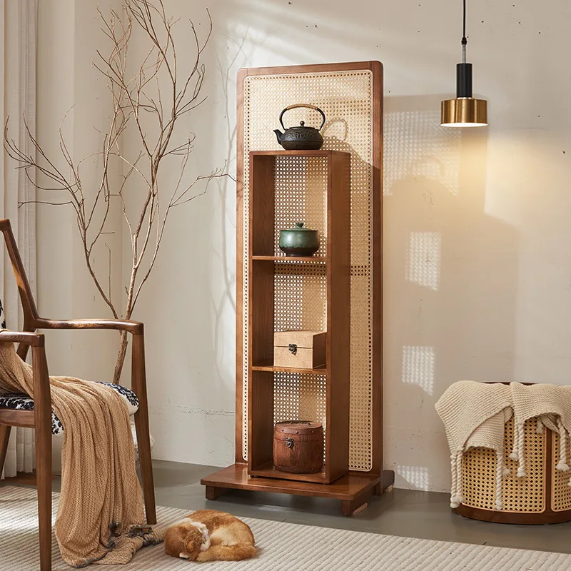 

Tea Room Rattan Furniture Rattan New Chinese Solid Wood Duobao Pavilion Screen Partition Display Rack Rattan Storage Cabinet