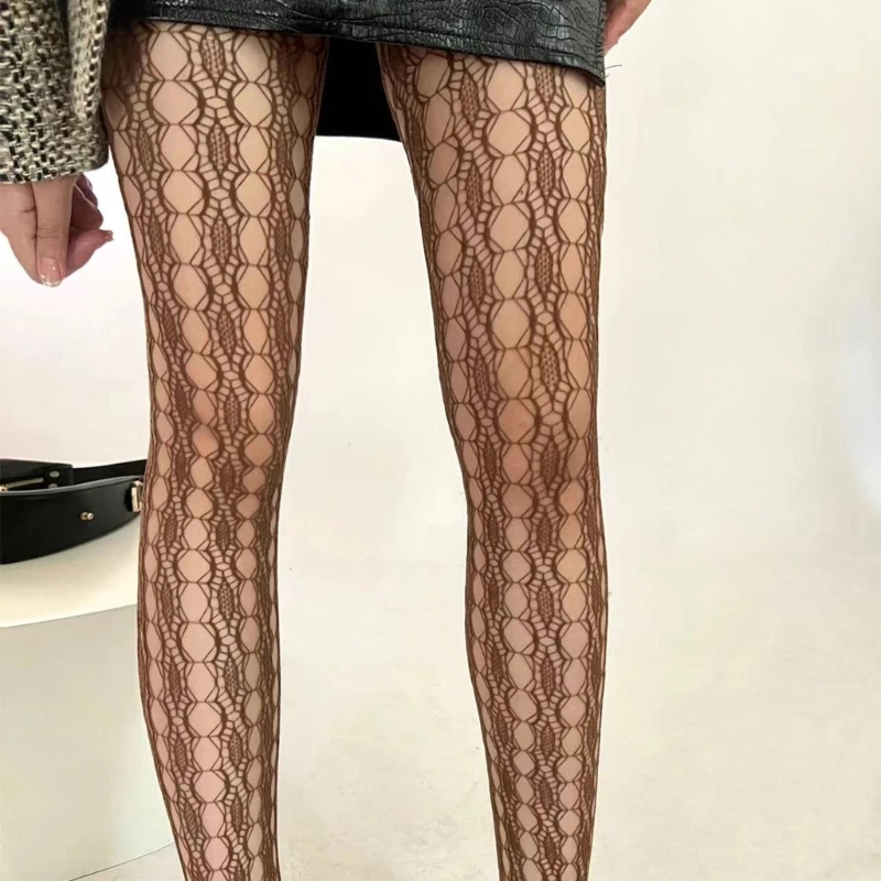 Aesthetic High Waist Fishnet Tights for Women Stretchy Stockings Hollowed Textured Lace Pattern Mesh Pantyhose Hosiery