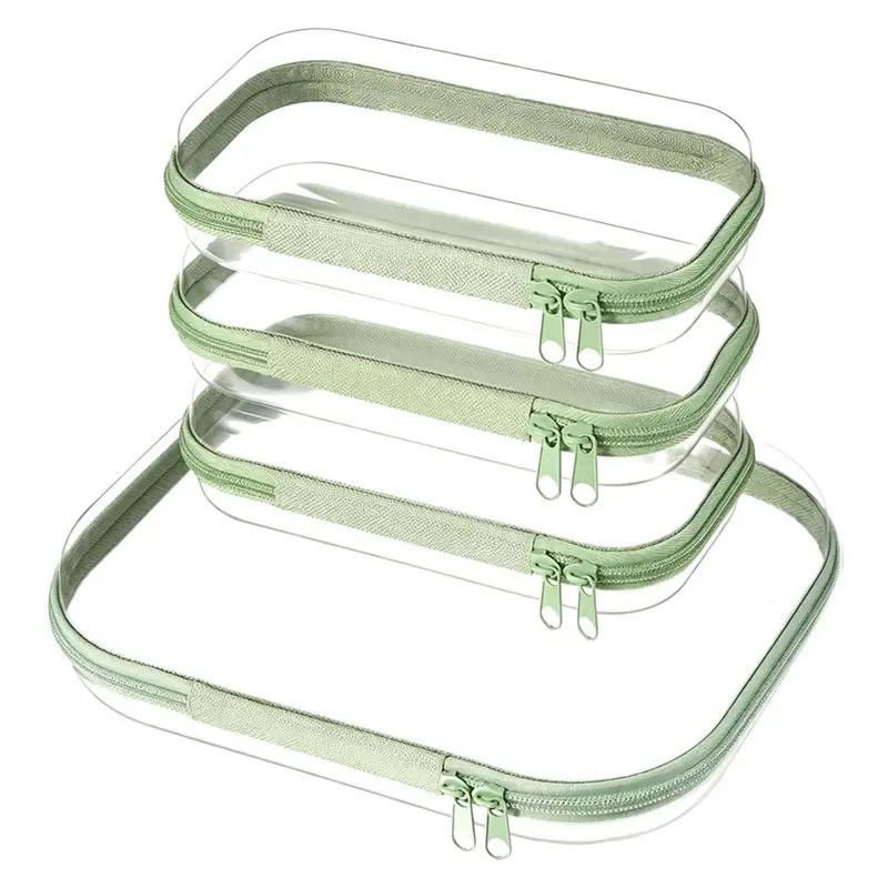 ABJI-4-Piece Clear Hard Shell Zipper Case Set, 1 Medium 3 Small, Travel Organizer Bags Dual Zipper Pulls On Each Green