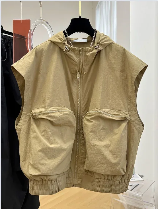 

3XL Loose Cardigan Zipper Hooded Sleeveless Jacket 2024 New Women's Summer Work Clothes Pocket Vest