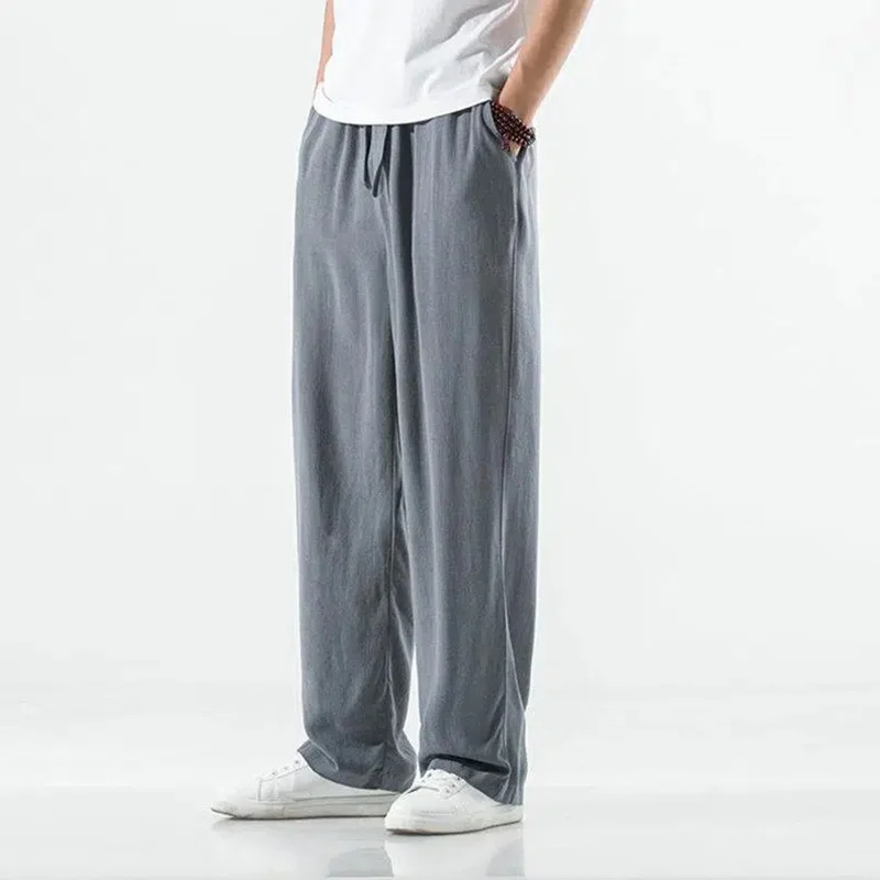 

100% Cotton Linen Pants Men Summer Solid Color Breathable Trousers Male Casual Elastic Waist Loose Size 4XL 5XL