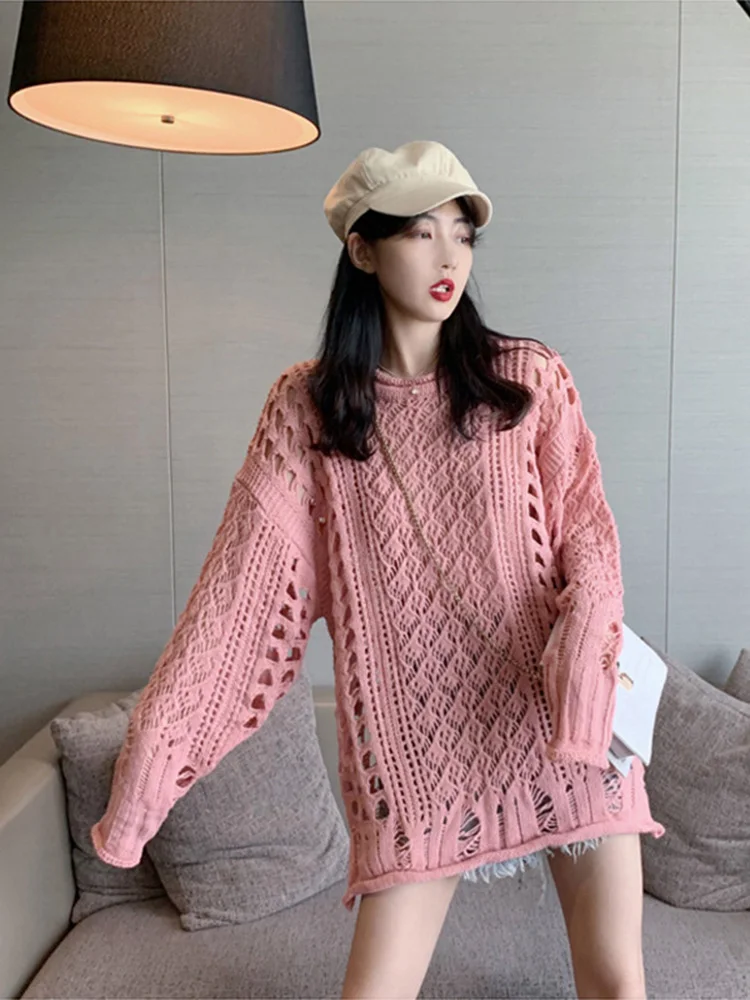 Women Hollow Knitted Cover Up Loose Lazy Style New Pink Mid Length Sweater Female Early Spring Autumn O-Neck Apricot Top