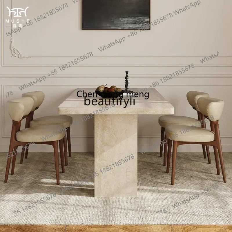 

CC French retro travertine rock slab dining table and chair combination modern home designer dining table