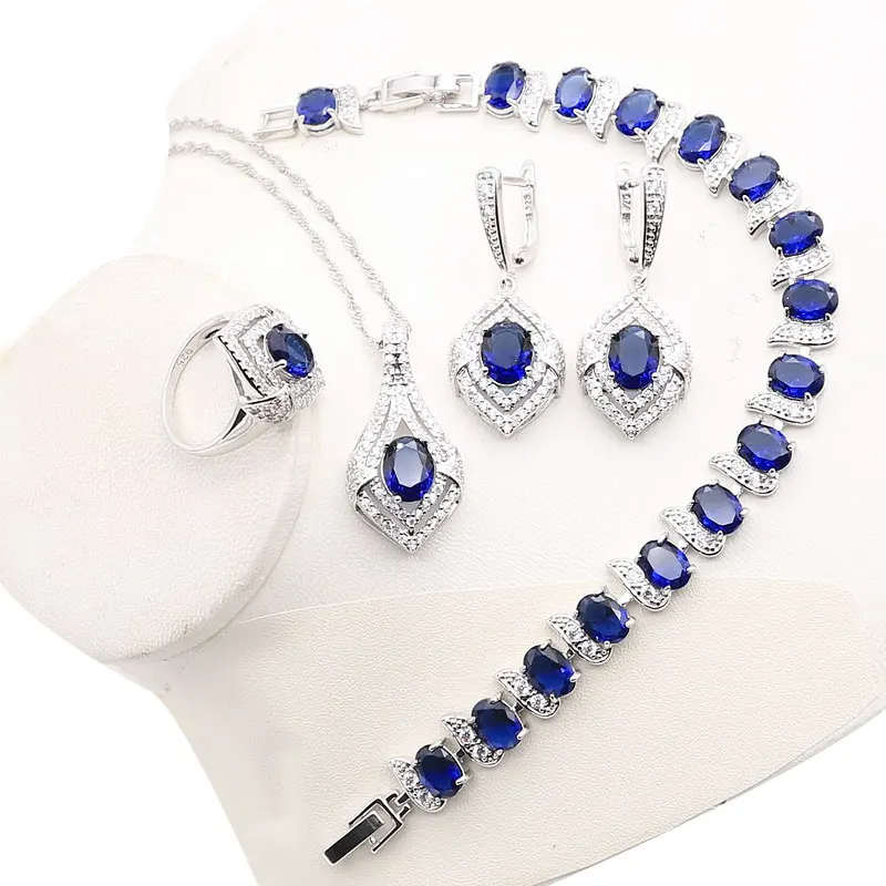 Blue Silver 925 Sapphire Jewelry For Woman Drop Earrings Set Pendants Ring Bracelets Bangles Wedding Party Jewel Jewellery