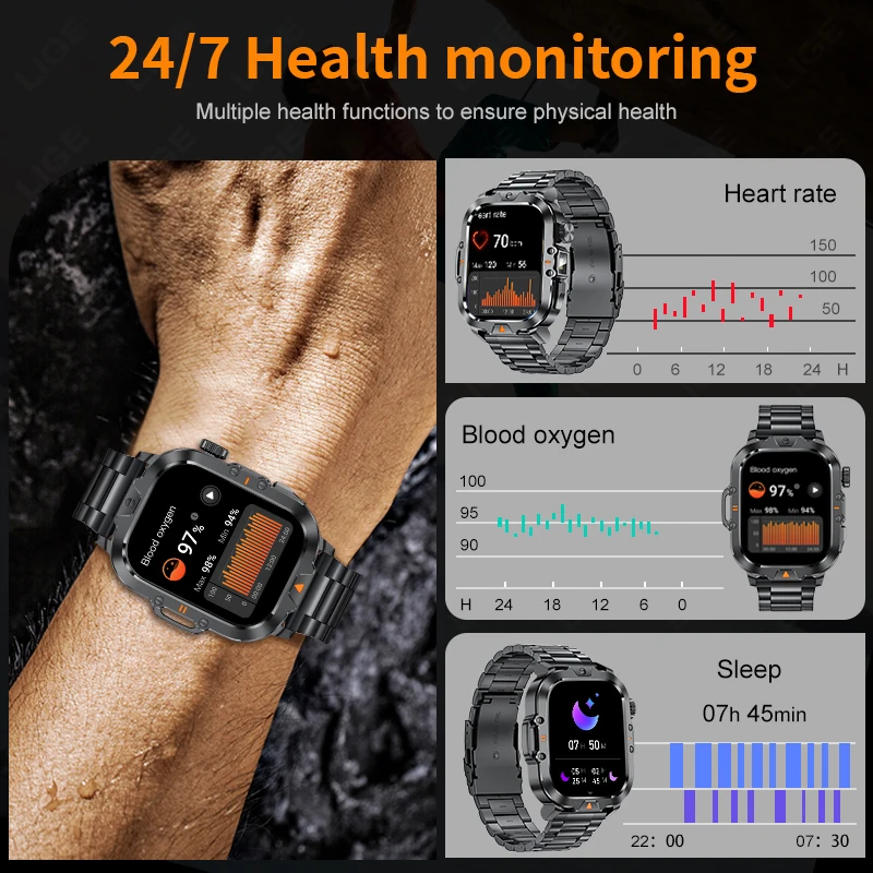LIGE V17 LED Light Smart Watch Men Bluetooth Call Outdoor Sport Bracelet IP68 Waterproof CNC AI Voice Smartwatch For Android IOS