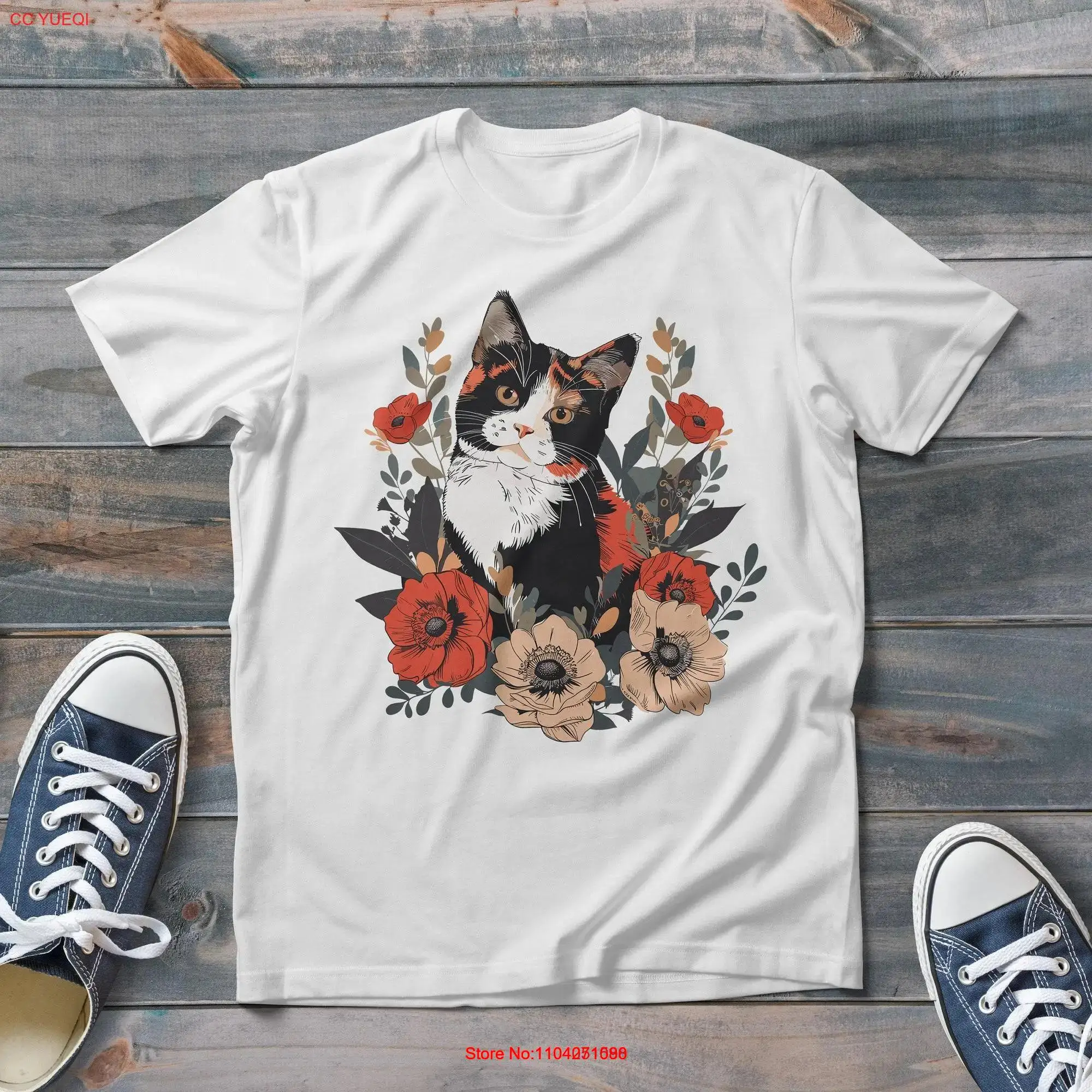 Calico Cat With Anemones T Shirt Cottagecore Floral Trendy Style long or short sleeves