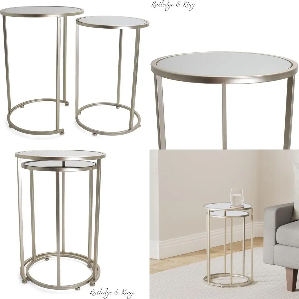 

Gold Nesting Round Accent Tables with Mirrored Tops - Elegant Gold and Mirrored Metal End Table Set