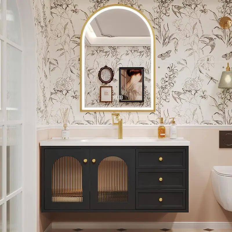 French Vintage Vanity Ceramic One-Piece Basin Rubberwood Bathroom Cabinet Combo Wash Hand Face Sink Lavatory Furniture