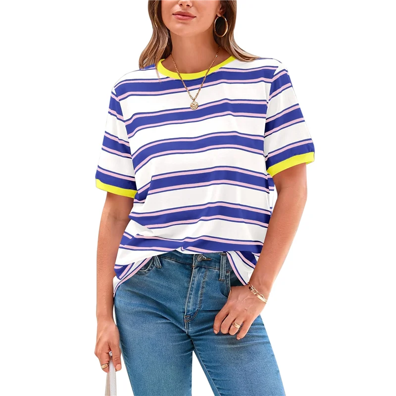 

2Z-Womens Summer Tops Striped Color Block Short Sleeve T-Shirts Crewneck Casual Loose Basic Tee