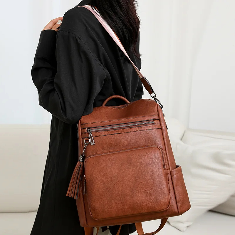 حقيبة ظهر نسائية من جلد البولي يوريثان، متعددة الجيوب، متعددة الوظائف، ذات سعة كبيرة لتخزين الكمبيوتر، حقيبة اليد والكتف #4