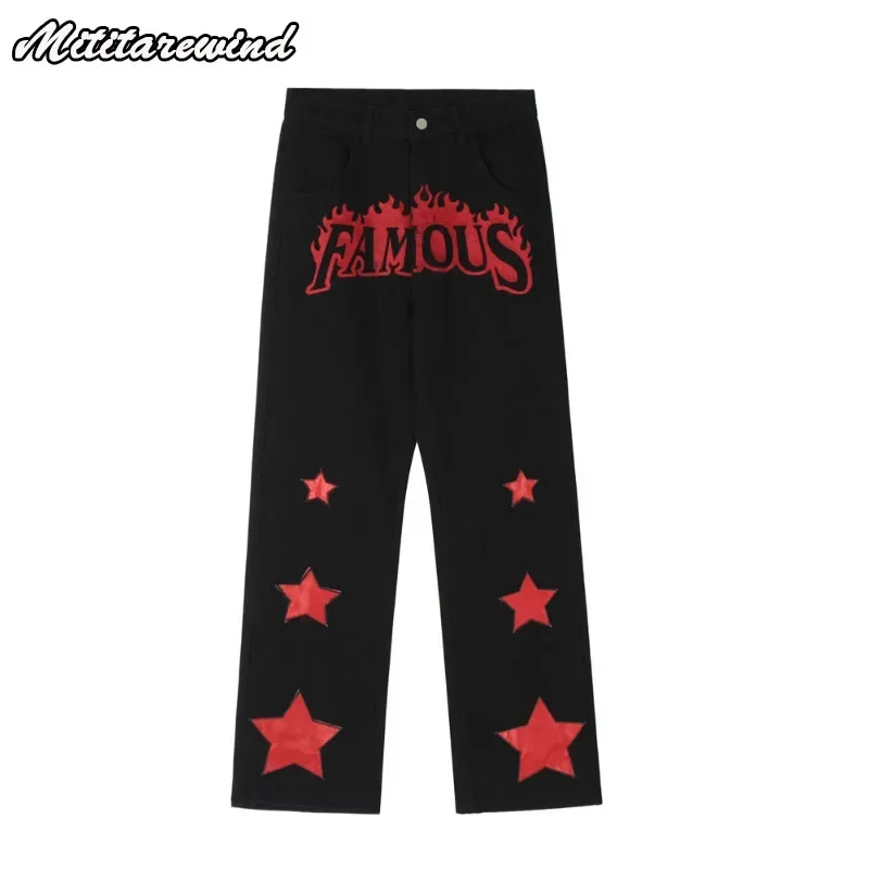 High Street Black Jeans Men Letter Flame Embroidery Fashion Straight Wide Leg Pants Men Baggy Jeans Patch Design Trousers Men