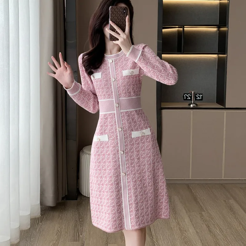 #0910 Winter Vintage Pink Sweater Dress Women Buttons High Waist Stretch Office Knitted Pullover Dress Femme Long Sleeve Elegant