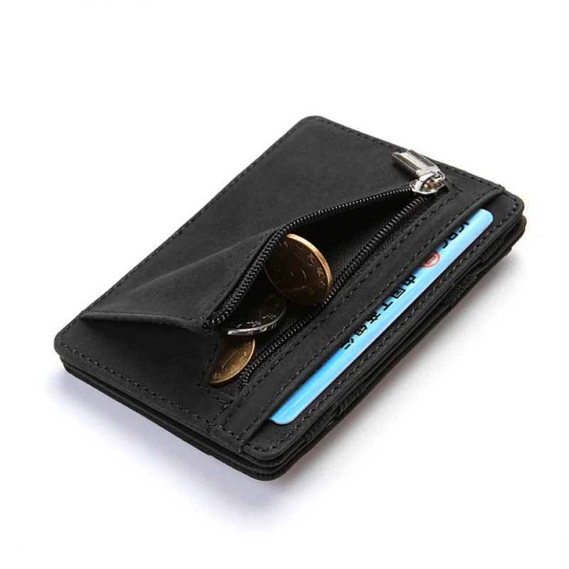 Ultra Thin Portable Flip Small Magic Zipper Wallets for men PU Leather Mini Coin Purse Male Pouch Credit Bank Card Case Holder