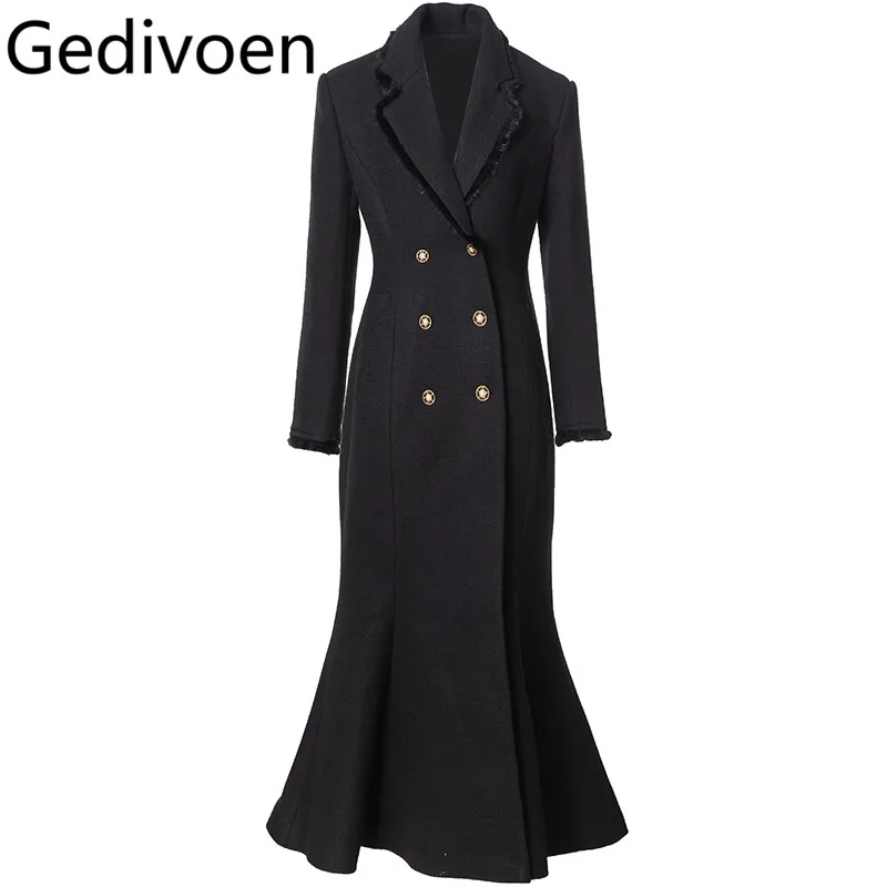 Gedivoen Autumn/Winter Designer Coat Women Notched Double breasted Long-Sleeved Black Slim Fit S-3XL Long Overcoat